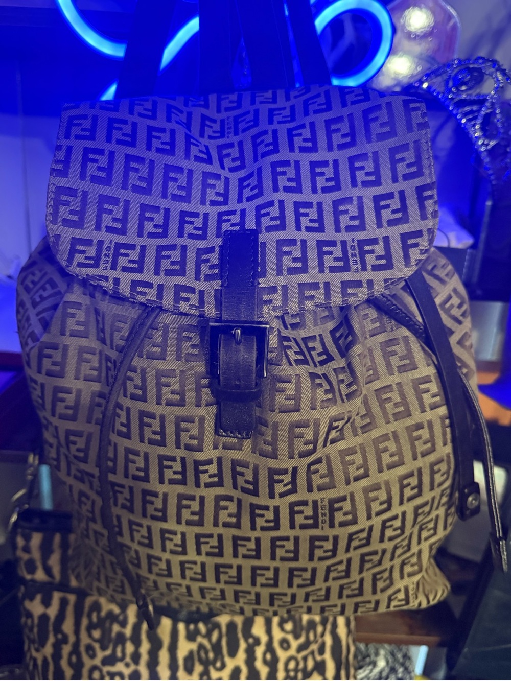 Fendi Zucca monogram canvas backpack with dark leather trim. EUC